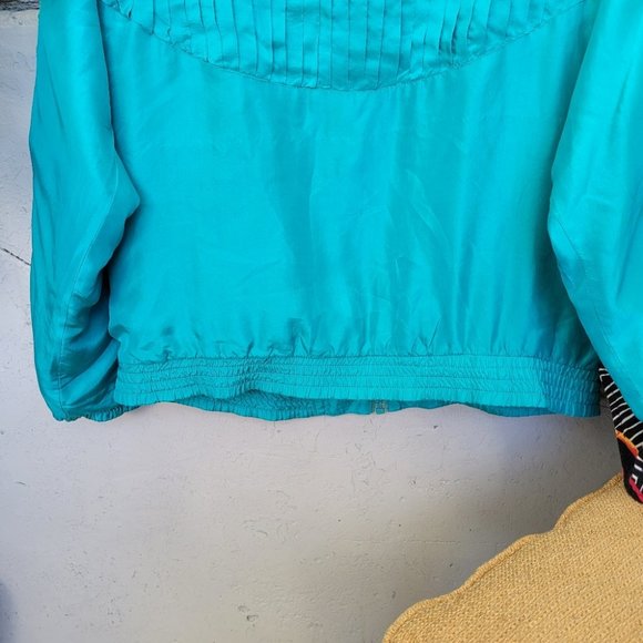 Vintage 90's 100% Silk Bright Turquoise Full Zip Retro Athleisure Jacket - Picture 13 of 16